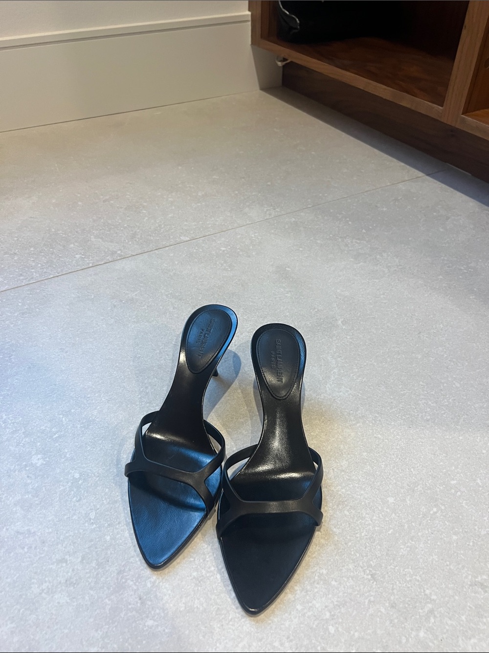 Saint Laurent Black Pointed Toe Strappy Mule Heels
